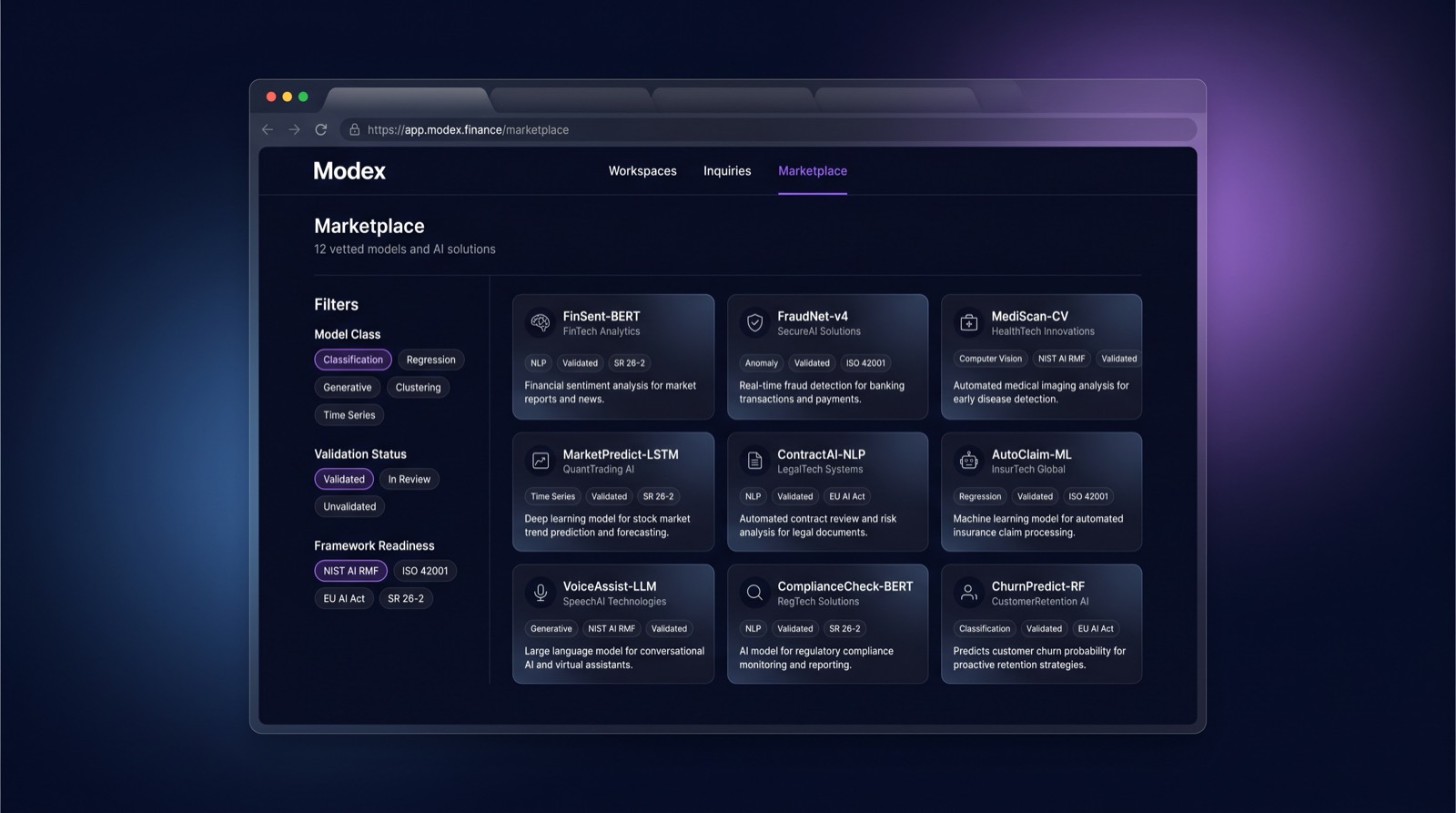 Modex marketplace grid showing filtered model listings, validation status, and framework readiness chips.
