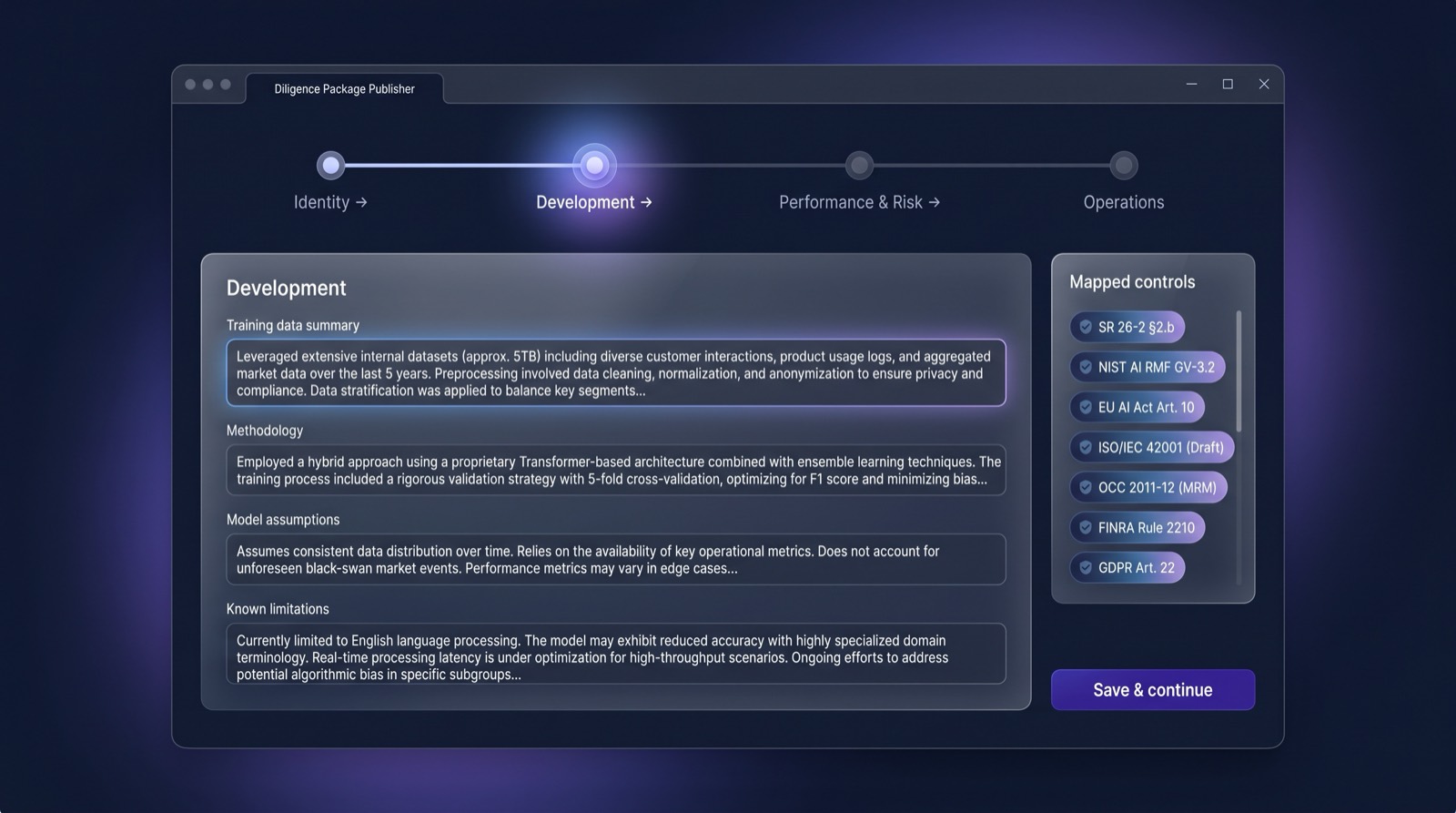 Vendor wizard showing the four-step Diligence Pack flow with the Development step active and a Mapped controls side panel listing SR 26-2, NIST AI RMF, and ISO 42001 controls.